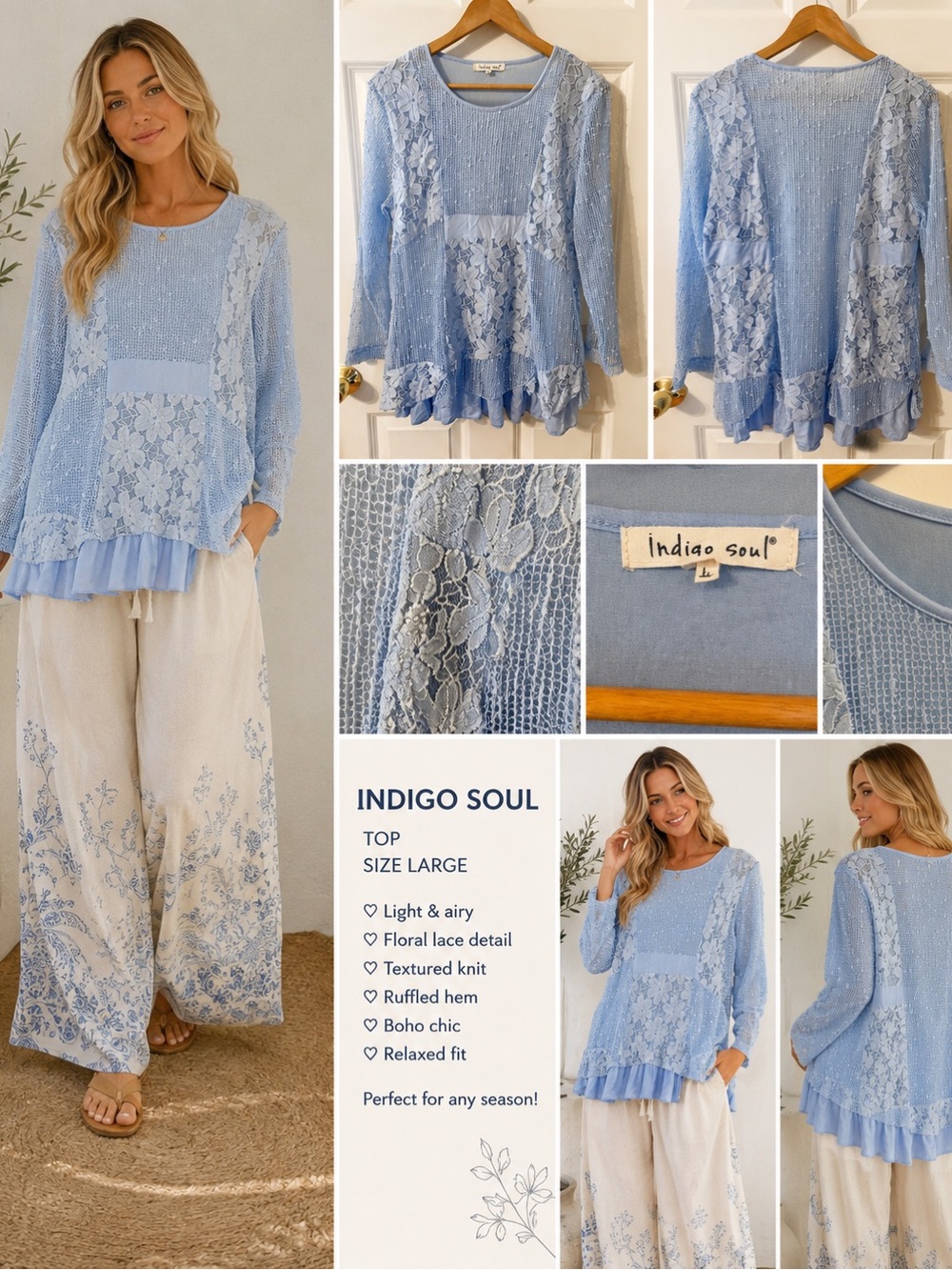 indigo soul Powder Blue Lace Patchwork Boho Top